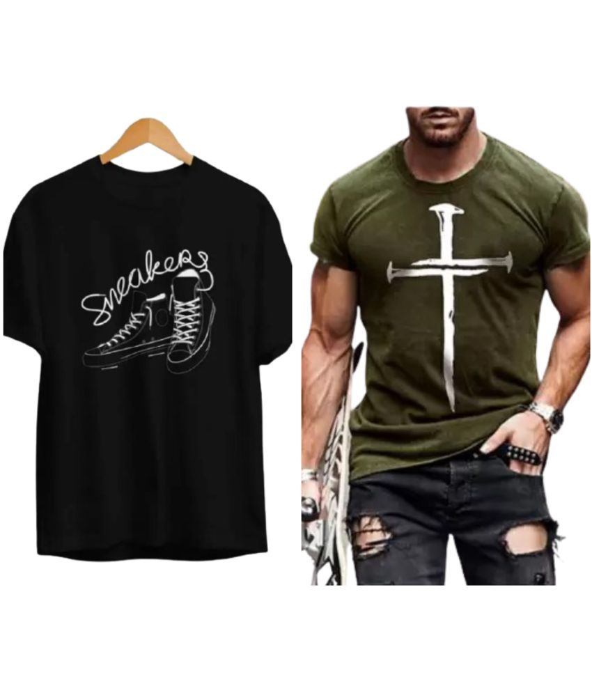     			attitude start of fashion Polyester Regular Fit Printed Half Sleeves Men's Round T-Shirt - Olive ( Pack of 2 )