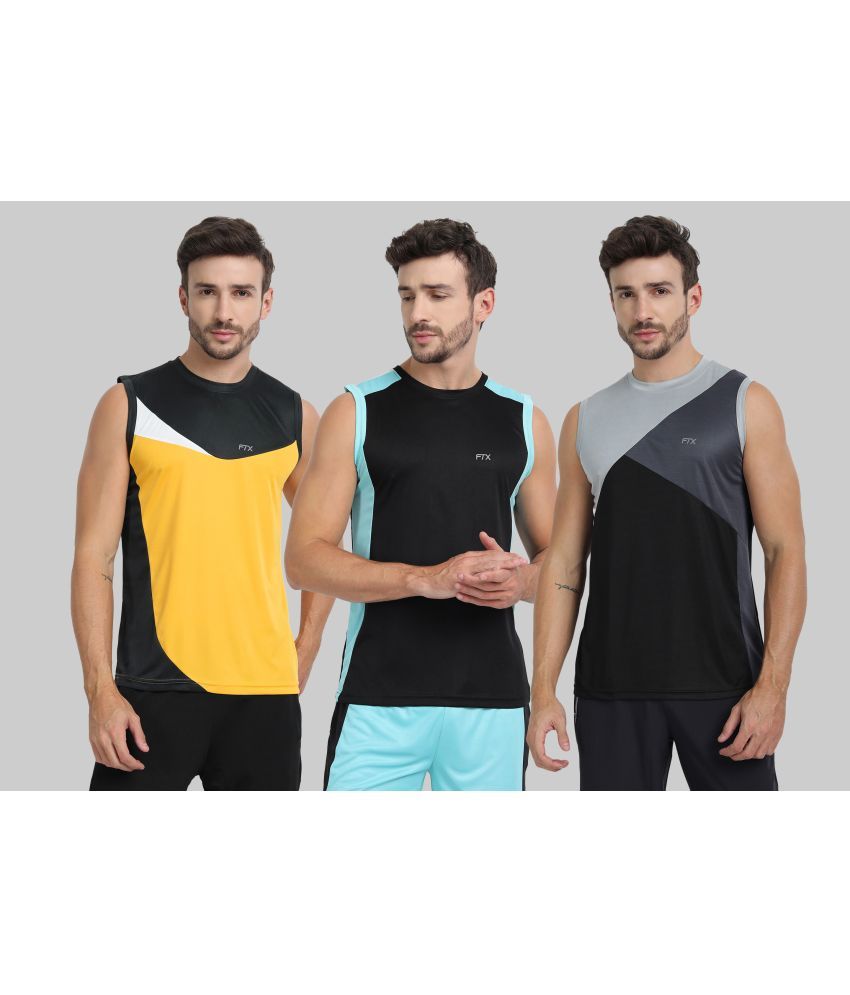     			FTX Polyester Regular Fit Colorblock Sleeveless Men's Round T-Shirt - Gold ( Pack of 3 )