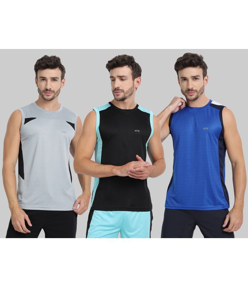     			FTX Polyester Regular Fit Colorblock Sleeveless Men's Round T-Shirt - Blue ( Pack of 3 )