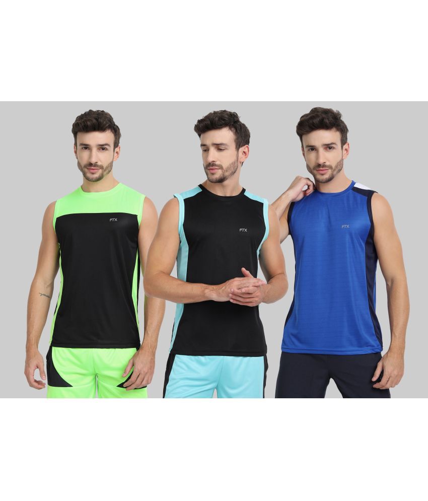     			FTX Polyester Regular Fit Colorblock Sleeveless Men's Round T-Shirt - Blue ( Pack of 3 )