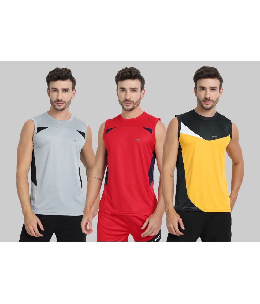     			FTX Polyester Regular Fit Colorblock Sleeveless Men's Round T-Shirt - Gold ( Pack of 3 )