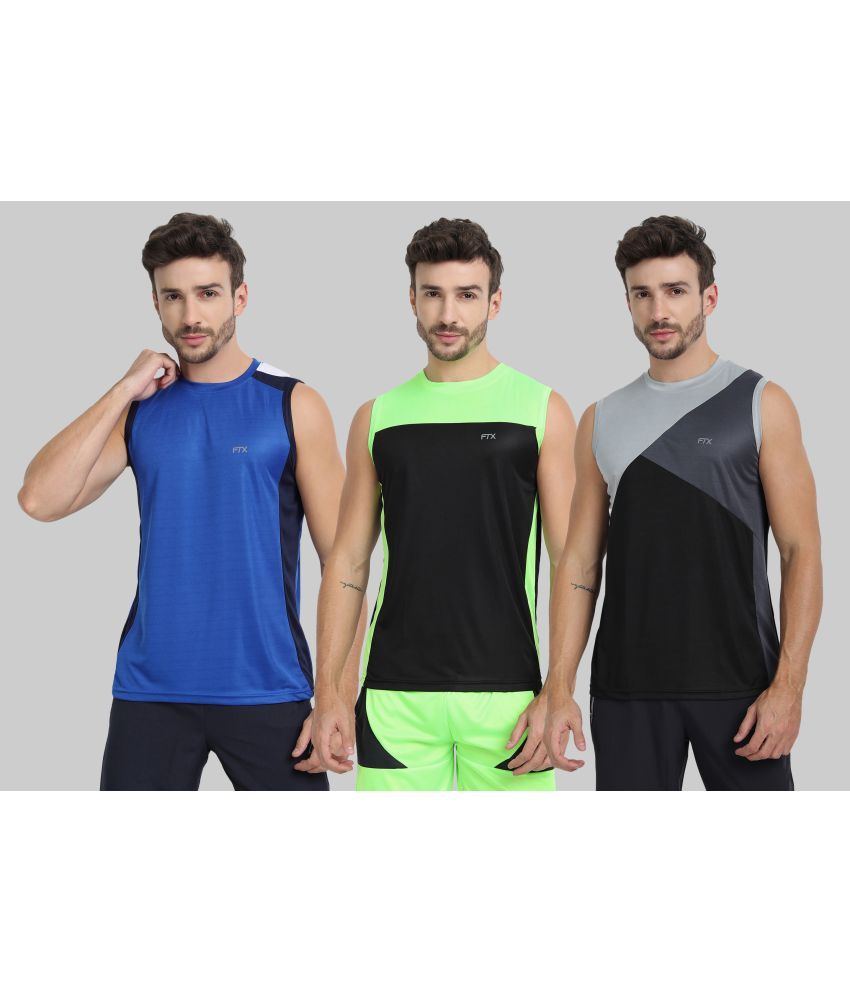     			FTX Polyester Regular Fit Colorblock Sleeveless Men's Round T-Shirt - Melange Blue ( Pack of 3 )