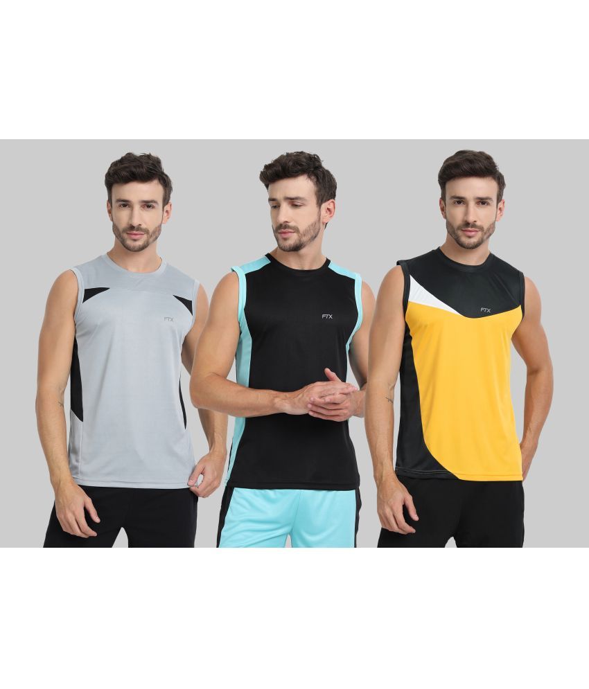     			FTX Polyester Regular Fit Colorblock Sleeveless Men's Round T-Shirt - Gold ( Pack of 3 )