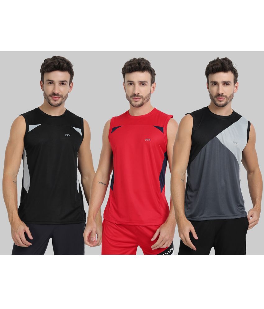     			FTX Polyester Regular Fit Colorblock Sleeveless Men's Round T-Shirt - Dark Grey ( Pack of 3 )