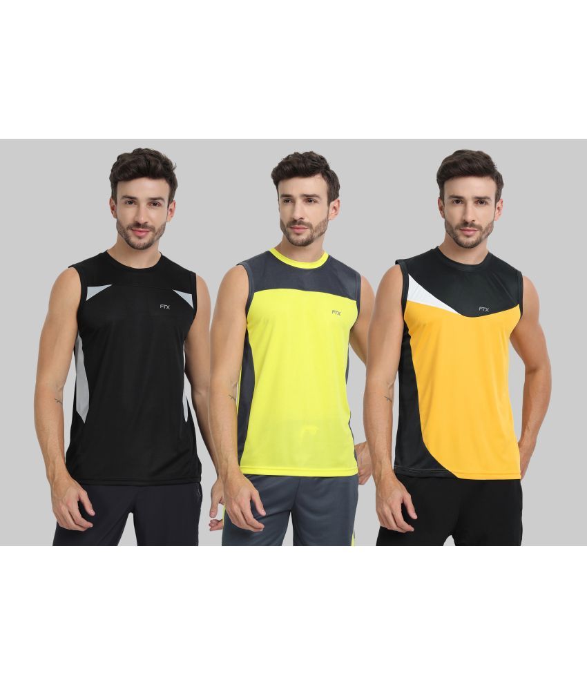     			FTX Polyester Regular Fit Colorblock Sleeveless Men's Round T-Shirt - Gold ( Pack of 3 )