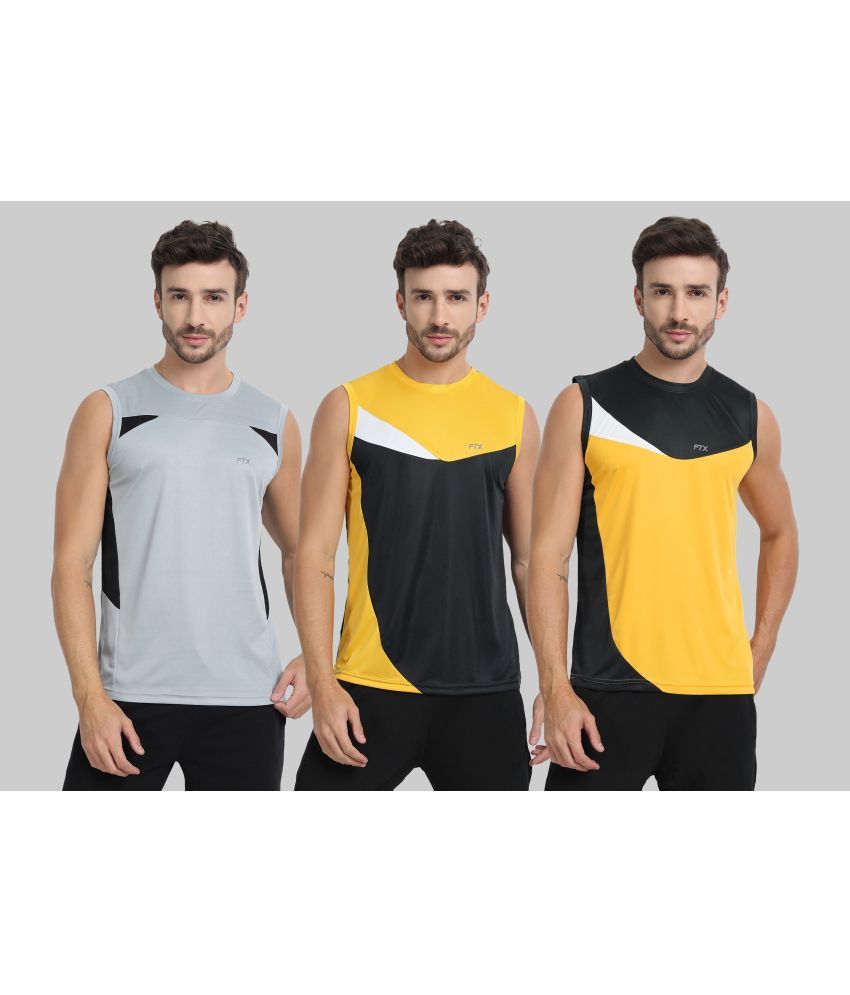     			FTX Polyester Regular Fit Colorblock Sleeveless Men's Round T-Shirt - Gold ( Pack of 3 )