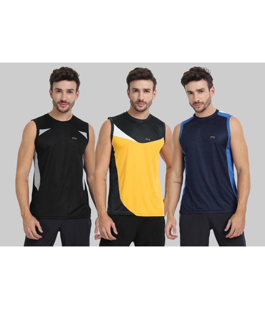     			FTX Polyester Regular Fit Colorblock Sleeveless Men's Round T-Shirt - Navy ( Pack of 3 )