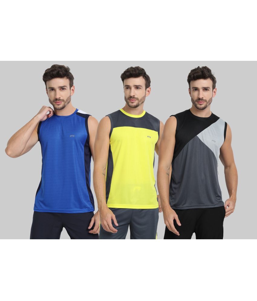     			FTX Polyester Regular Fit Colorblock Sleeveless Men's Round T-Shirt - Blue ( Pack of 3 )