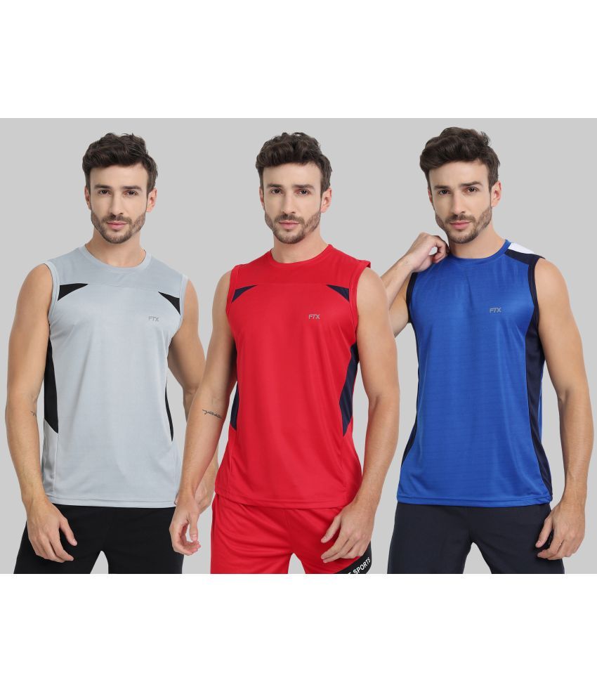     			FTX Polyester Regular Fit Colorblock Sleeveless Men's Round T-Shirt - Blue ( Pack of 3 )