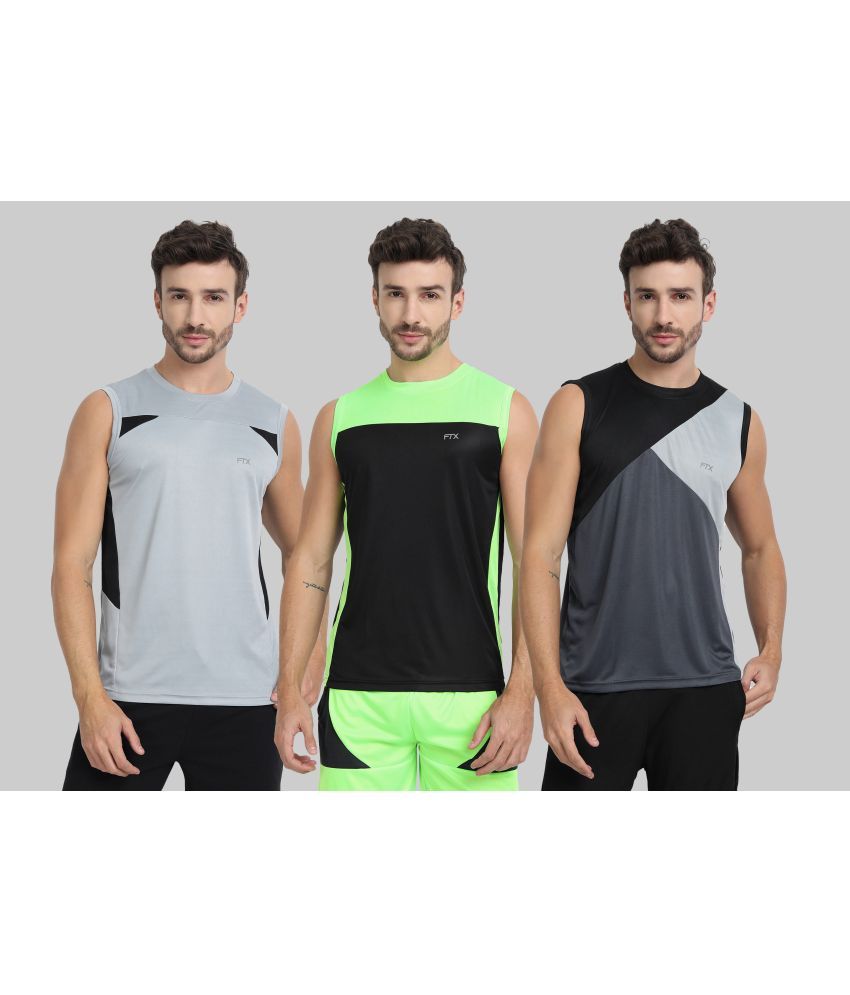     			FTX Polyester Regular Fit Colorblock Sleeveless Men's Round T-Shirt - Melange Grey ( Pack of 3 )