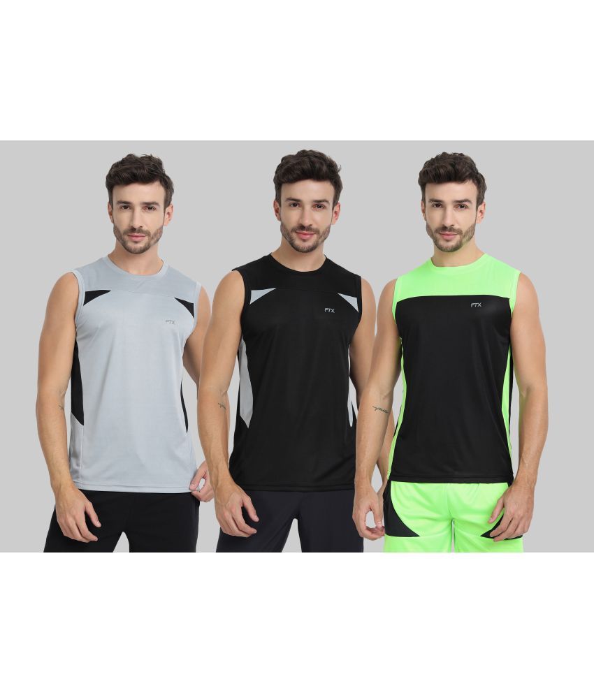     			FTX Polyester Regular Fit Colorblock Sleeveless Men's Round T-Shirt - Light Grey ( Pack of 3 )