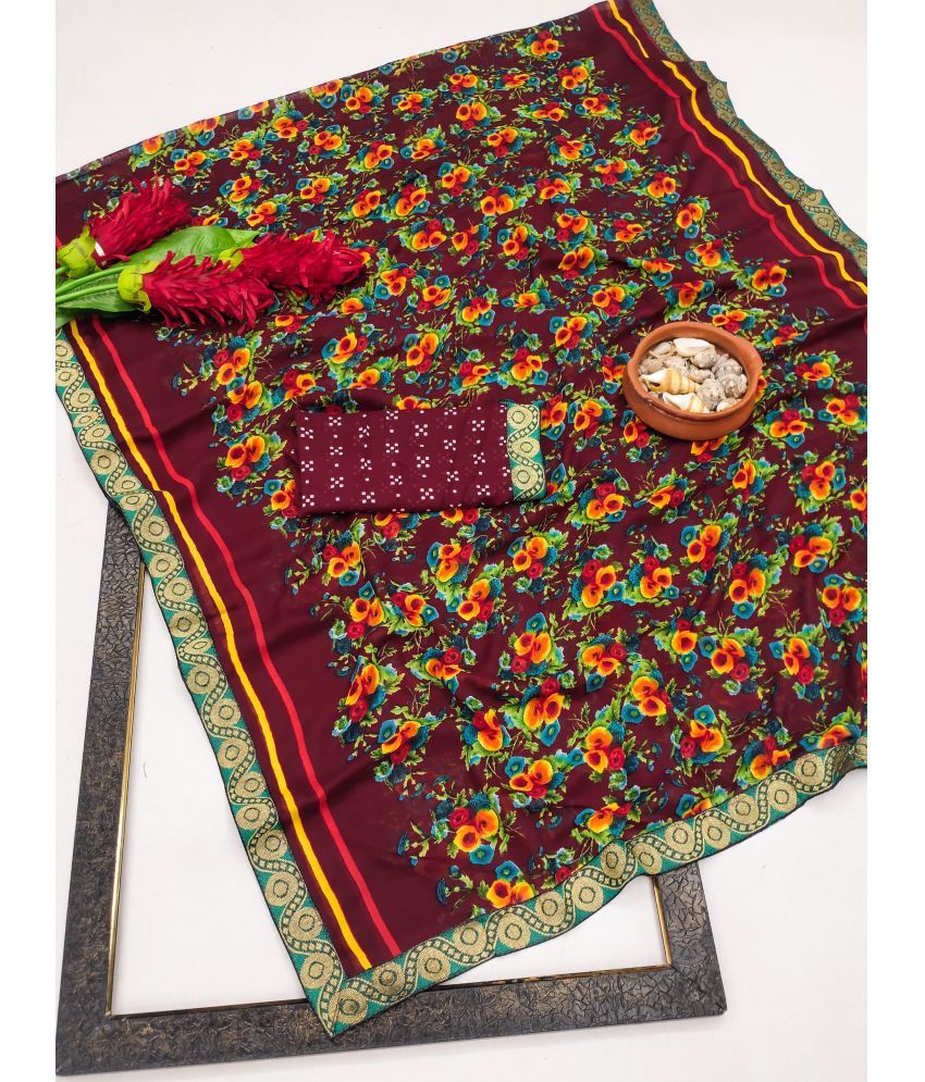     			Kanooda Prints Pack of 1 Georgette Printed Saree With Blouse Piece ( Maroon )