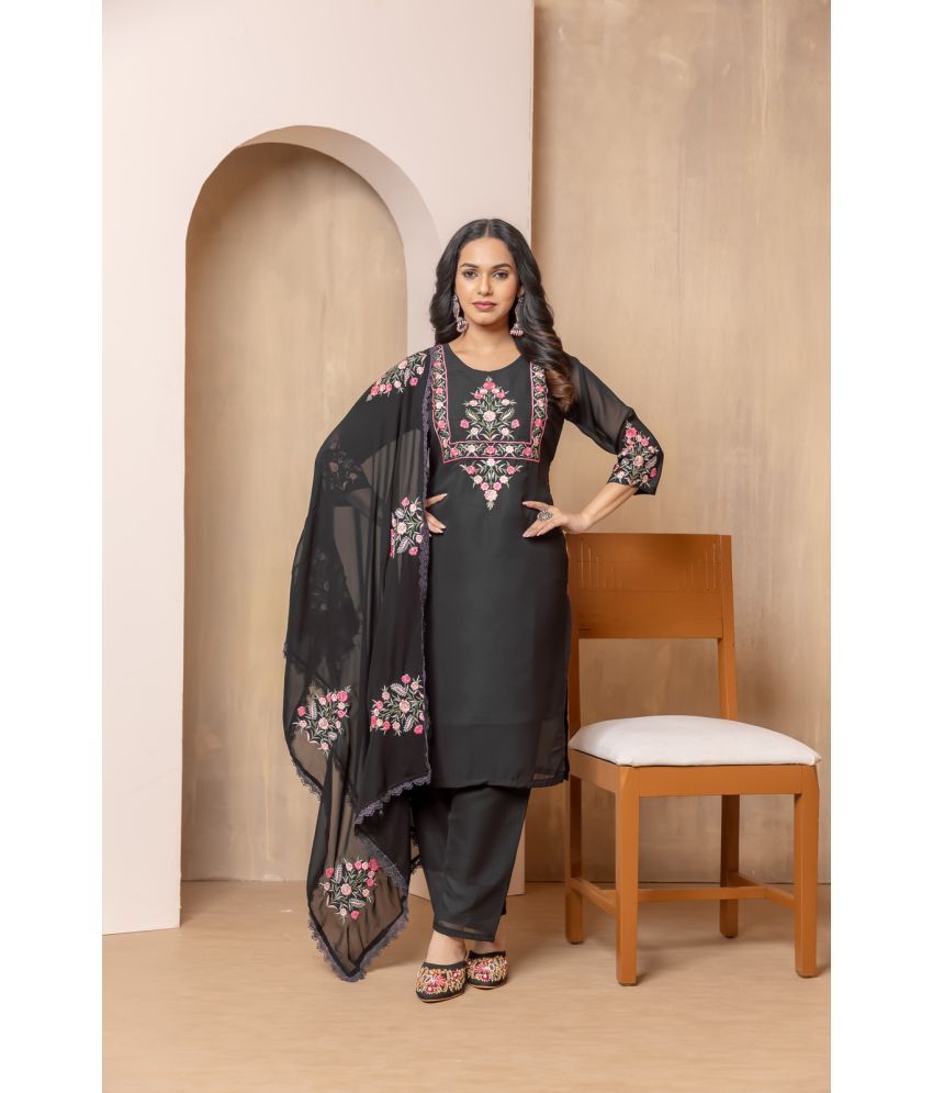     			Sanjana Silks Georgette Embroidered Kurti With Pants Women's Stitched Salwar Suit - Black ( Pack of 1 )