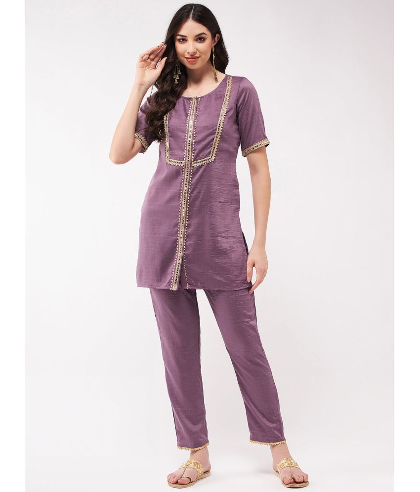     			Pannkh Polyester Embellished Kurti With Pants Women's Stitched Salwar Suit - Purple ( Pack of 1 )