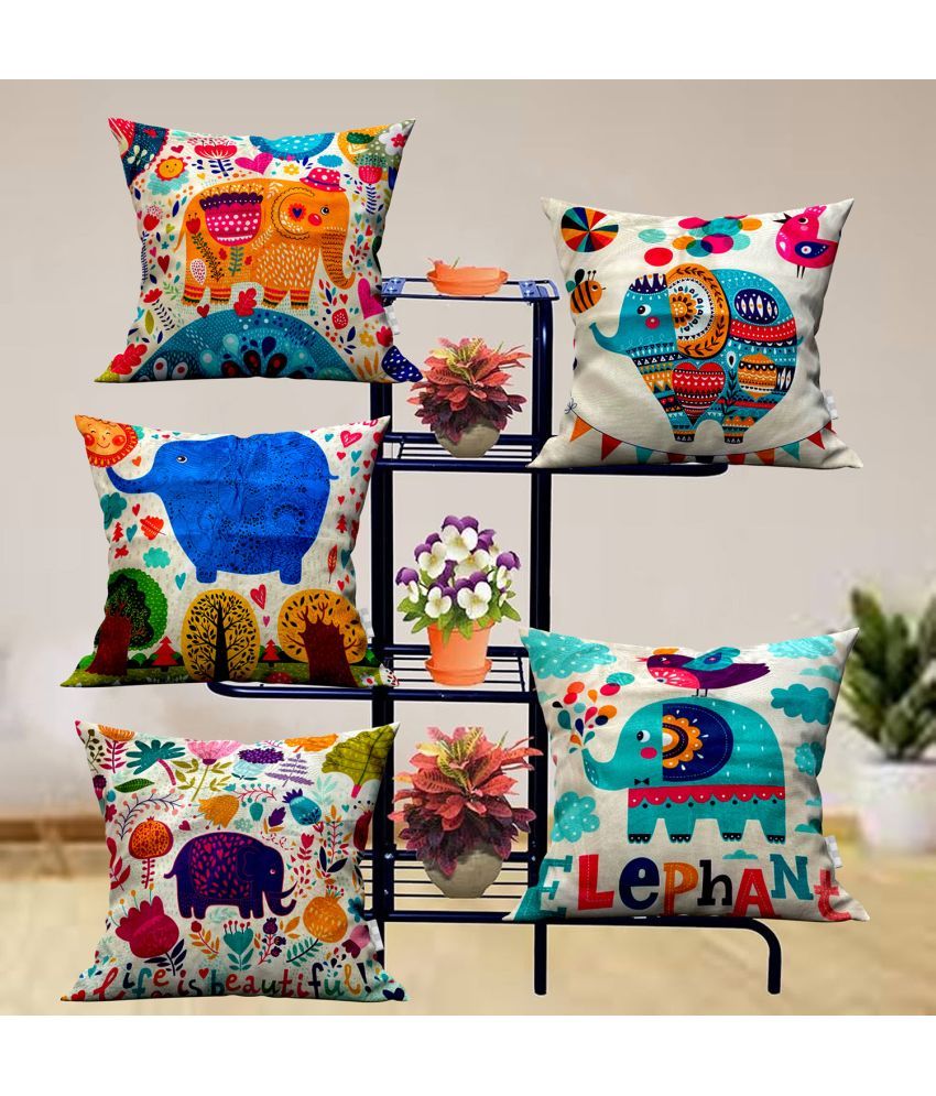     			Crosmo Set of 5 Satin Animal Square Cushion Cover (40X40)cm - Multicolor