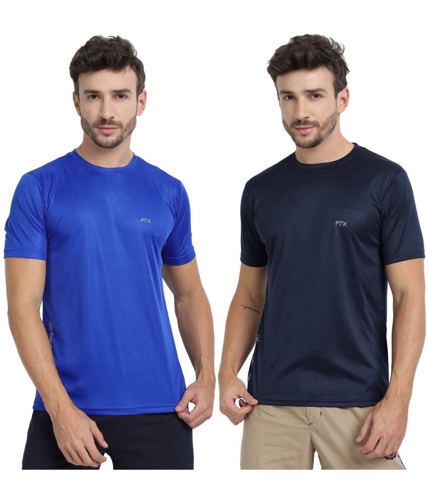     			FTX Polyester Regular Fit Solid Half Sleeves Men's Round T-Shirt - Navy ( Pack of 2 )