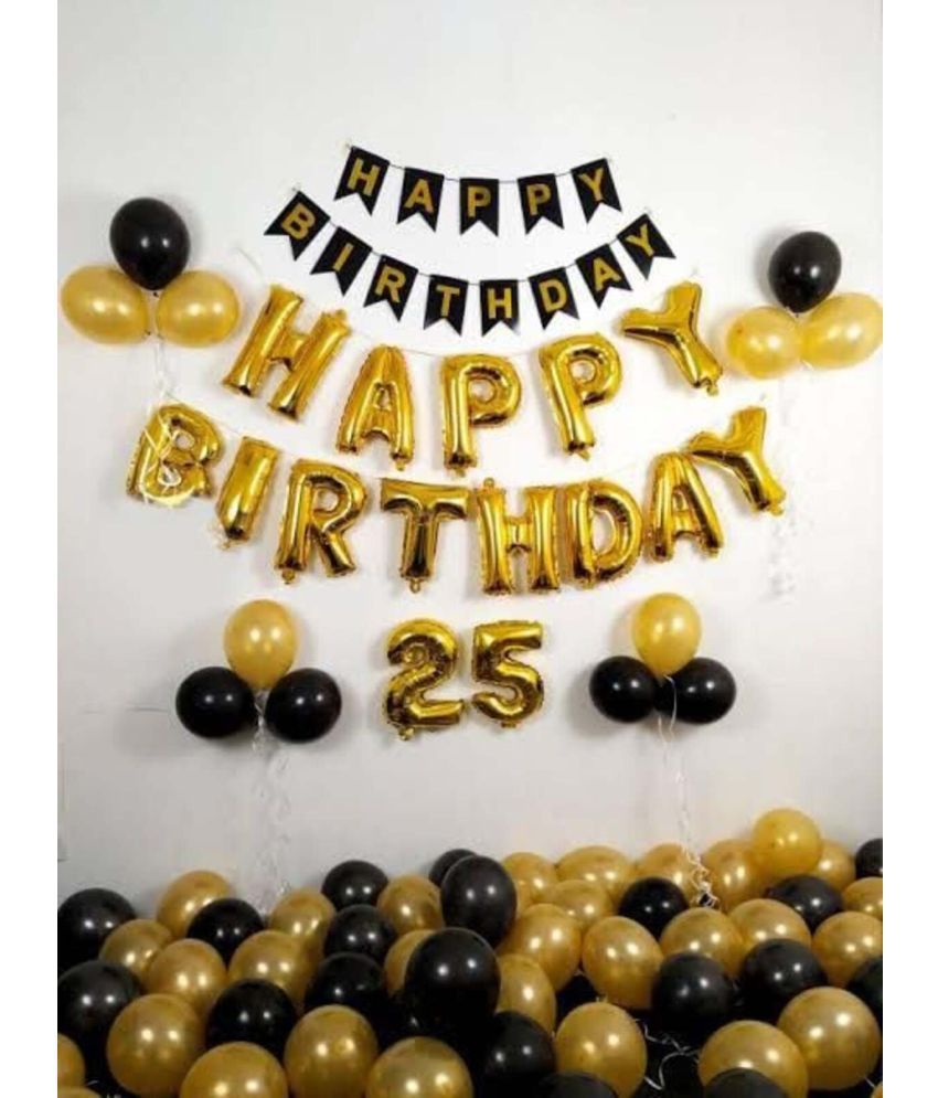     			PartyBooms Happy BIrthday Gold Decoration, HBD Black Decoration, 25 Number Gold Foil, 20 Each Black, Gold Metallic Balloons Pack of 44