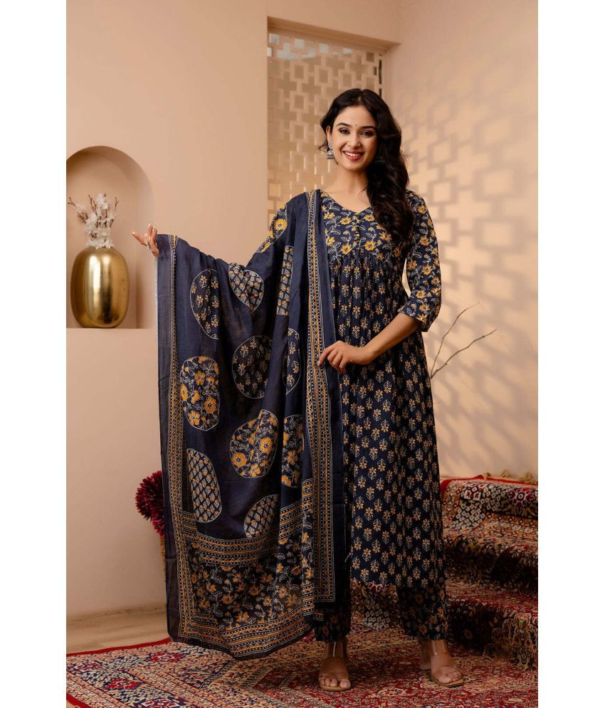     			piludi Viscose Printed Kurti With Pants Women's Stitched Salwar Suit - Navy Blue ( Pack of 1 )