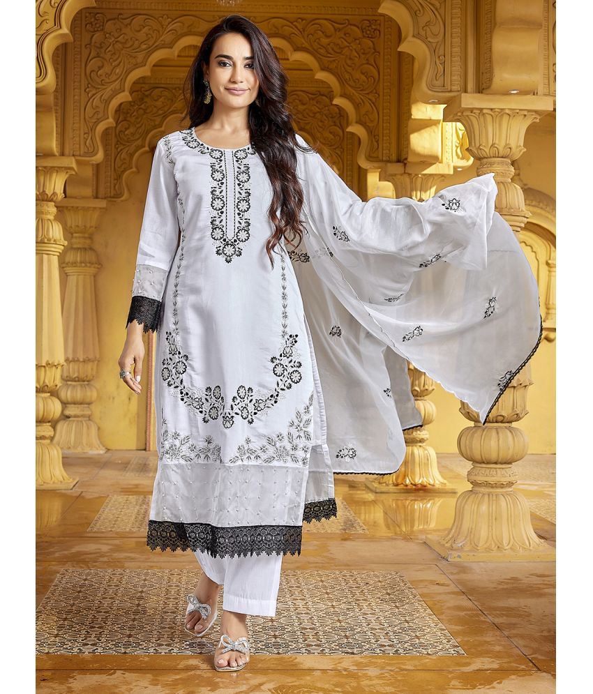     			Royal Export Chanderi Embroidered Kurti With Pants Women's Stitched Salwar Suit - White ( Pack of 1 )