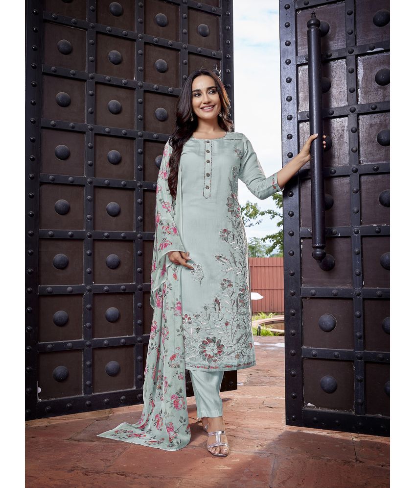     			Royal Export Chanderi Embroidered Kurti With Pants Women's Stitched Salwar Suit - Light Green ( Pack of 1 )