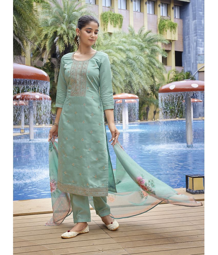     			Royal Export Chanderi Embroidered Kurti With Pants Women's Stitched Salwar Suit - Light Green ( Pack of 1 )