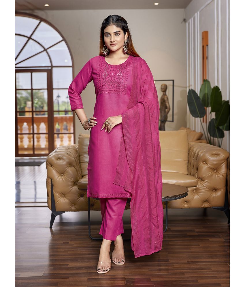     			Royal Export Cotton Blend Embellished Kurti With Pants Women's Stitched Salwar Suit - Pink ( Pack of 1 )