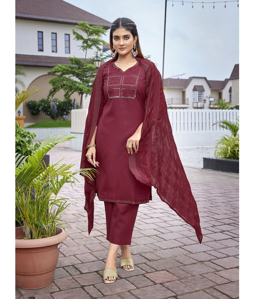     			Royal Export Cotton Blend Embellished Kurti With Pants Women's Stitched Salwar Suit - Maroon ( Pack of 1 )