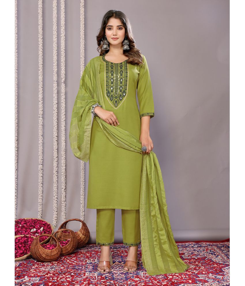     			Royal Export Cotton Blend Embroidered Kurti With Pants Women's Stitched Salwar Suit - Green ( Pack of 1 )