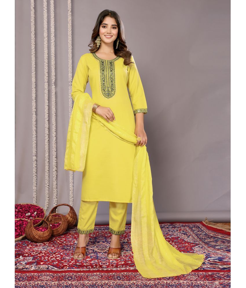     			Royal Export Cotton Blend Embroidered Kurti With Pants Women's Stitched Salwar Suit - Yellow ( Pack of 1 )