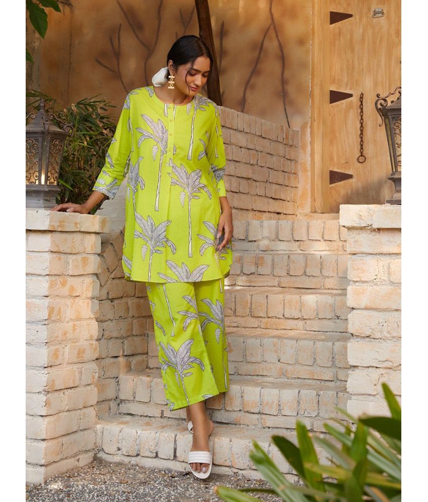     			Royal Export Cotton Blend Printed Kurti With Pants Women's Stitched Salwar Suit - Light Green ( Pack of 1 )