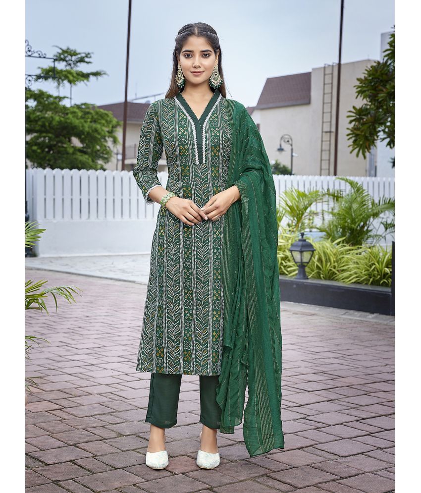     			Royal Export Cotton Blend Printed Kurti With Pants Women's Stitched Salwar Suit - Green ( Pack of 1 )