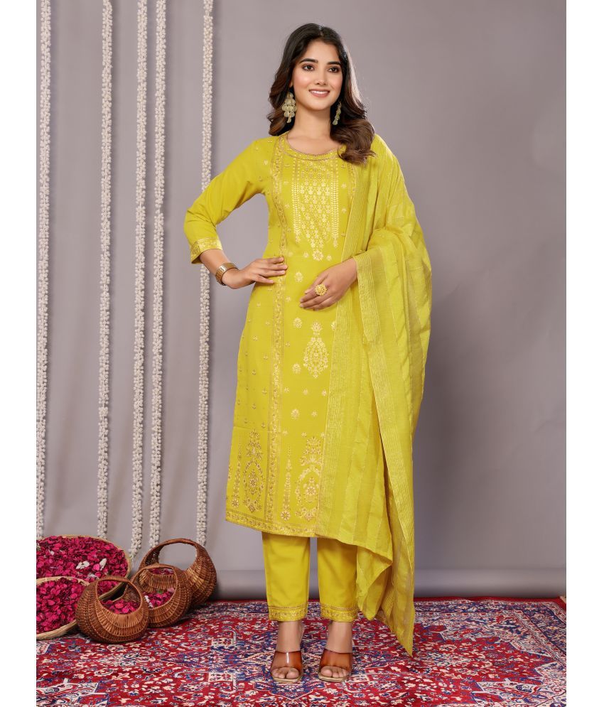     			Royal Export Cotton Blend Printed Kurti With Pants Women's Stitched Salwar Suit - Yellow ( Pack of 1 )