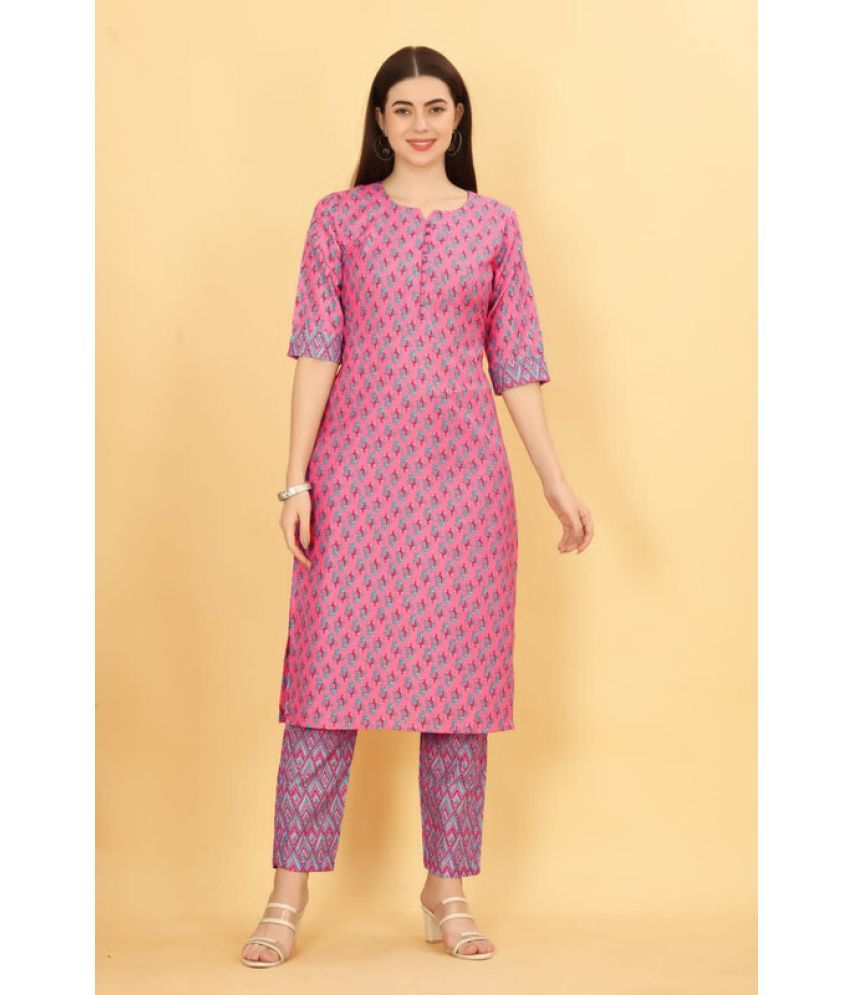     			Royal Export Cotton Blend Printed Kurti With Pants Women's Stitched Salwar Suit - Pink ( Pack of 1 )