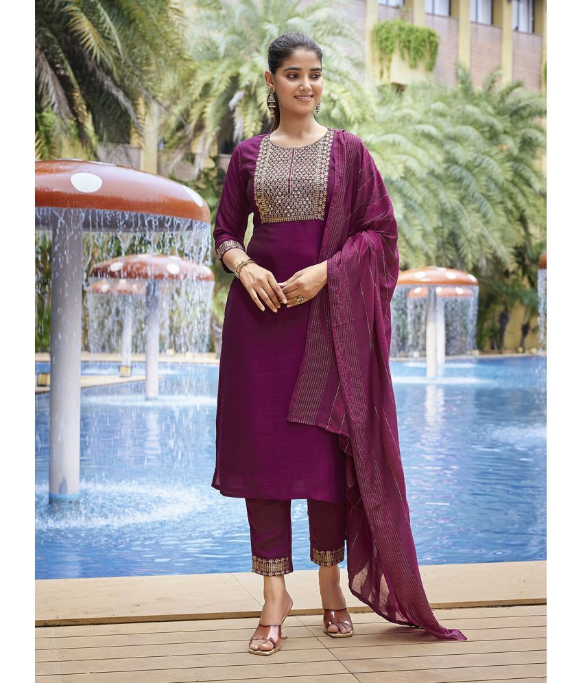     			Royal Export Silk Blend Embroidered Kurti With Pants Women's Stitched Salwar Suit - Purple ( Pack of 1 )