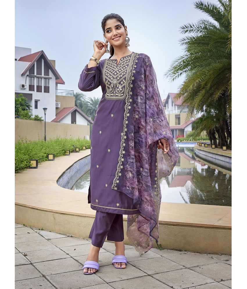     			Royal Export Viscose Embroidered Kurti With Pants Women's Stitched Salwar Suit - Purple ( Pack of 1 )