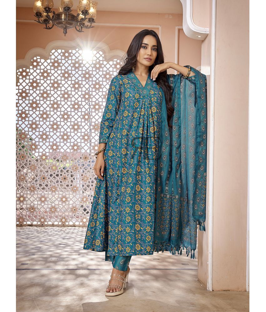     			Royal Export Viscose Printed Kurti With Pants Women's Stitched Salwar Suit - Dark Green ( Pack of 1 )