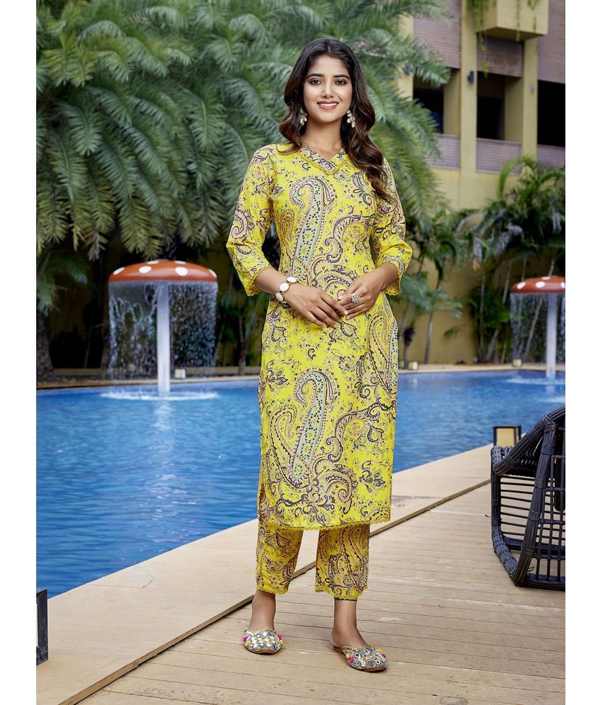     			Royal Export Viscose Printed Kurti With Pants Women's Stitched Salwar Suit - Yellow ( Pack of 1 )