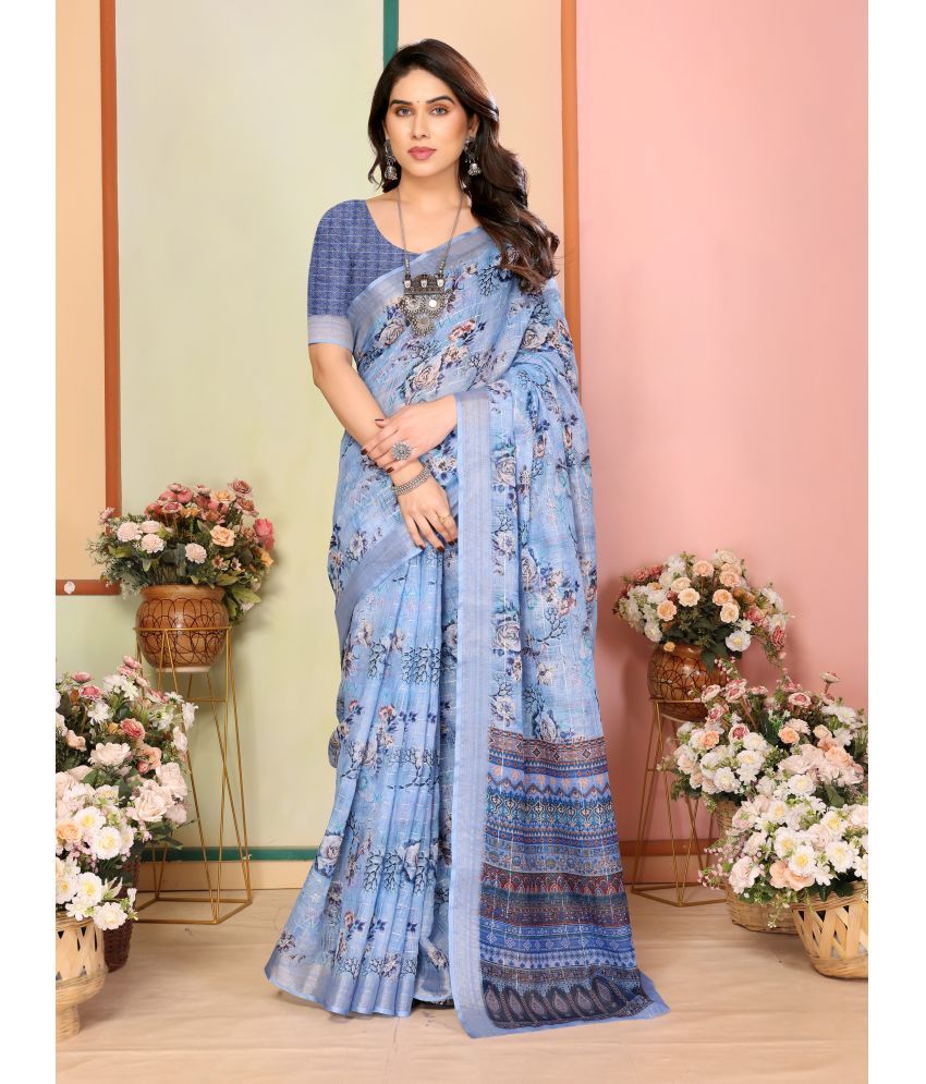     			Sidhidata Pack of 1 Linen Printed Saree With Blouse Piece ( LightBLue )