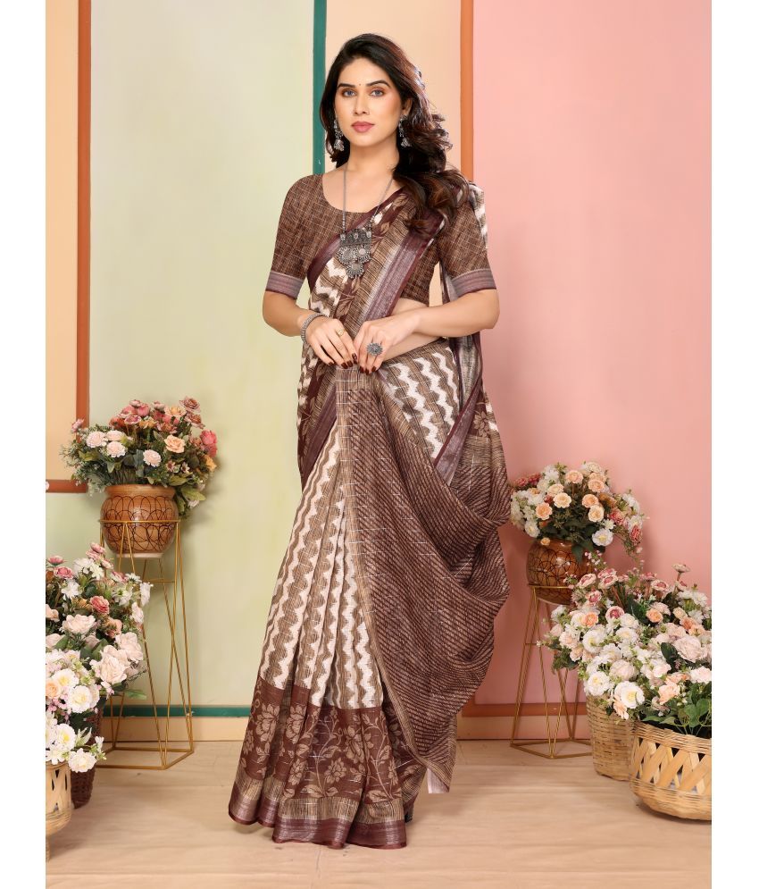     			Sidhidata Pack of 1 Linen Printed Saree With Blouse Piece ( Brown )