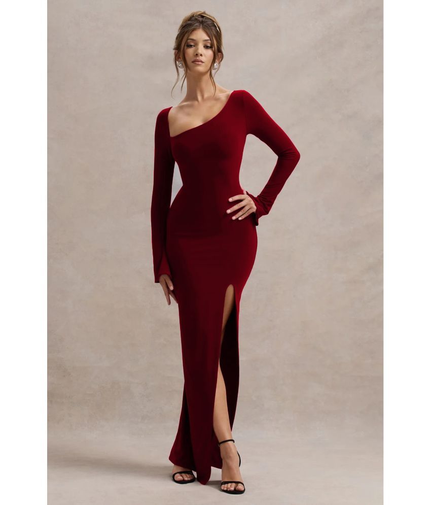     			Traquila Lycra Solid Full Length Women's Side Slit Dress - Maroon ( Pack of 1 )