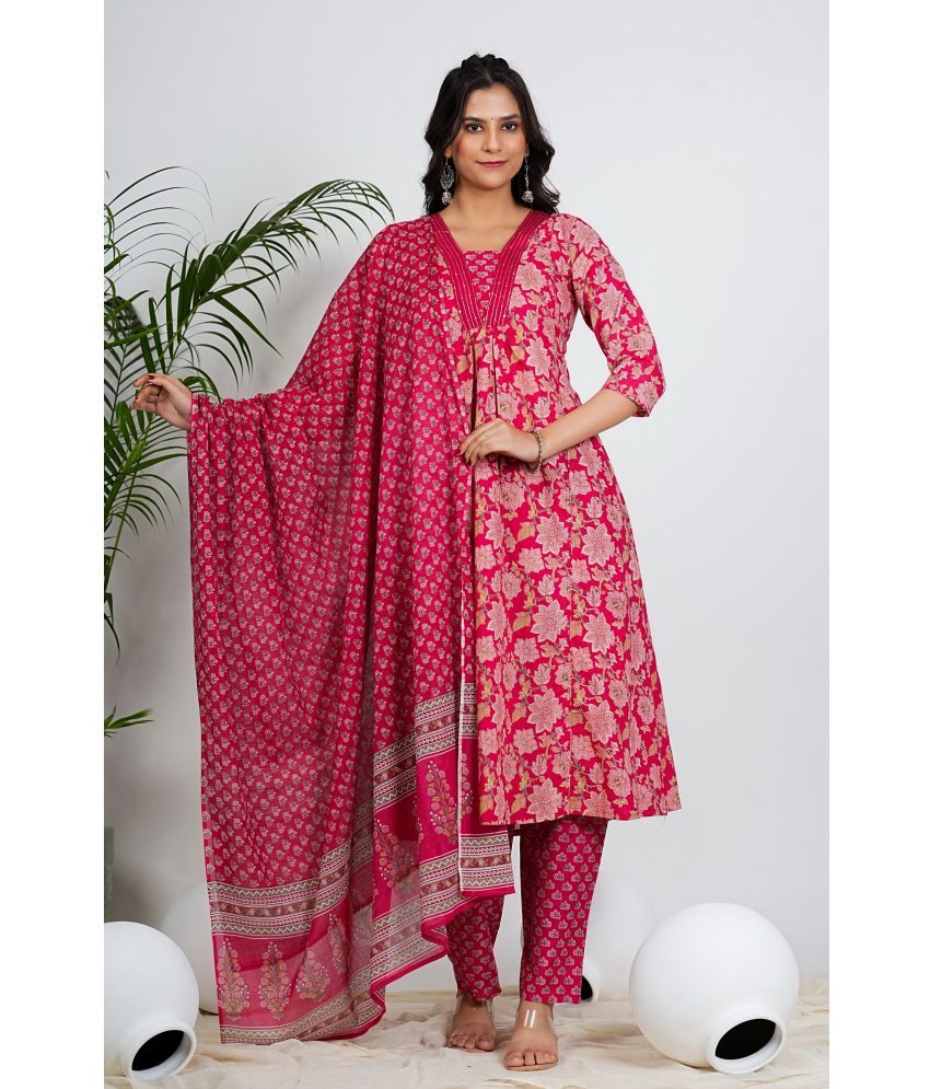     			Vbuyz Cotton Printed Kurti With Pants Women's Stitched Salwar Suit - Pink ( Pack of 1 )