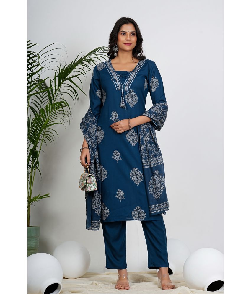     			Vbuyz Cotton Printed Kurti With Pants Women's Stitched Salwar Suit - Blue ( Pack of 1 )