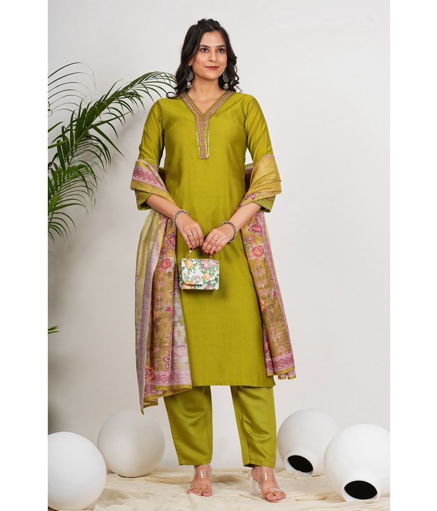     			Vbuyz Silk Blend Embroidered Kurti With Pants Women's Stitched Salwar Suit - Green ( Pack of 1 )