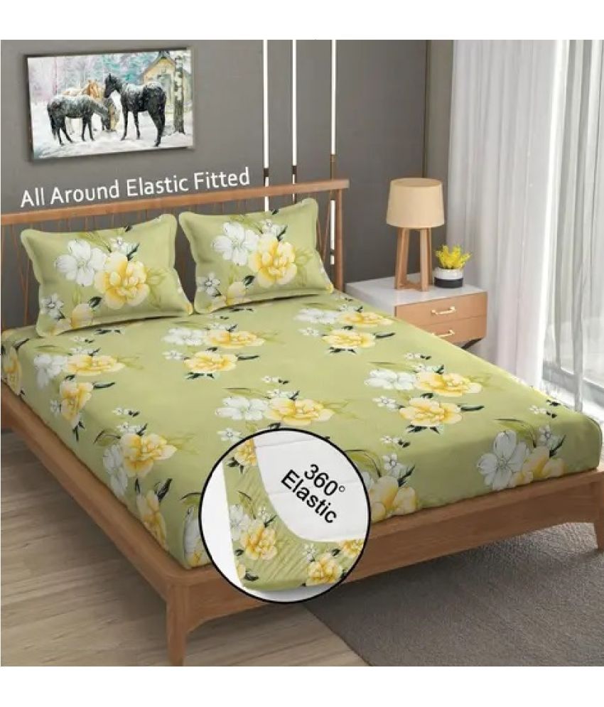     			Blinkberry Cotton Floral Fitted 1 Bedsheet with 2 Pillow Covers ( King Size ) - Light Green