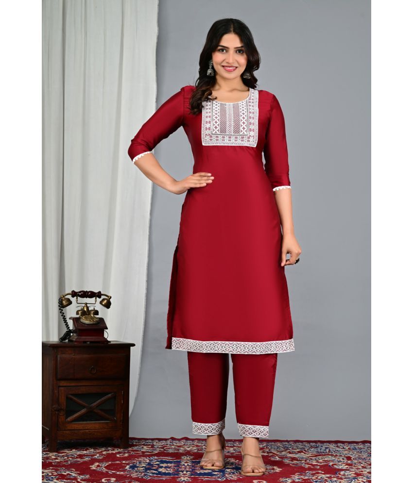     			EXPORTHOUSE Silk Blend Embroidered Kurti With Pants Women's Stitched Salwar Suit - Maroon ( Pack of 1 )