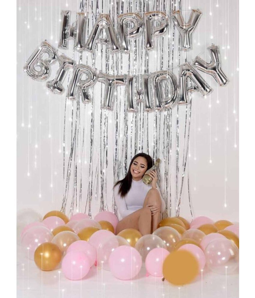     			PartyBooms Happy BIrthday Silver Decoration, 1 Silver Curtain, 15 Gold, 15 Pink, 15 White Metallic Balloons Pack of 47