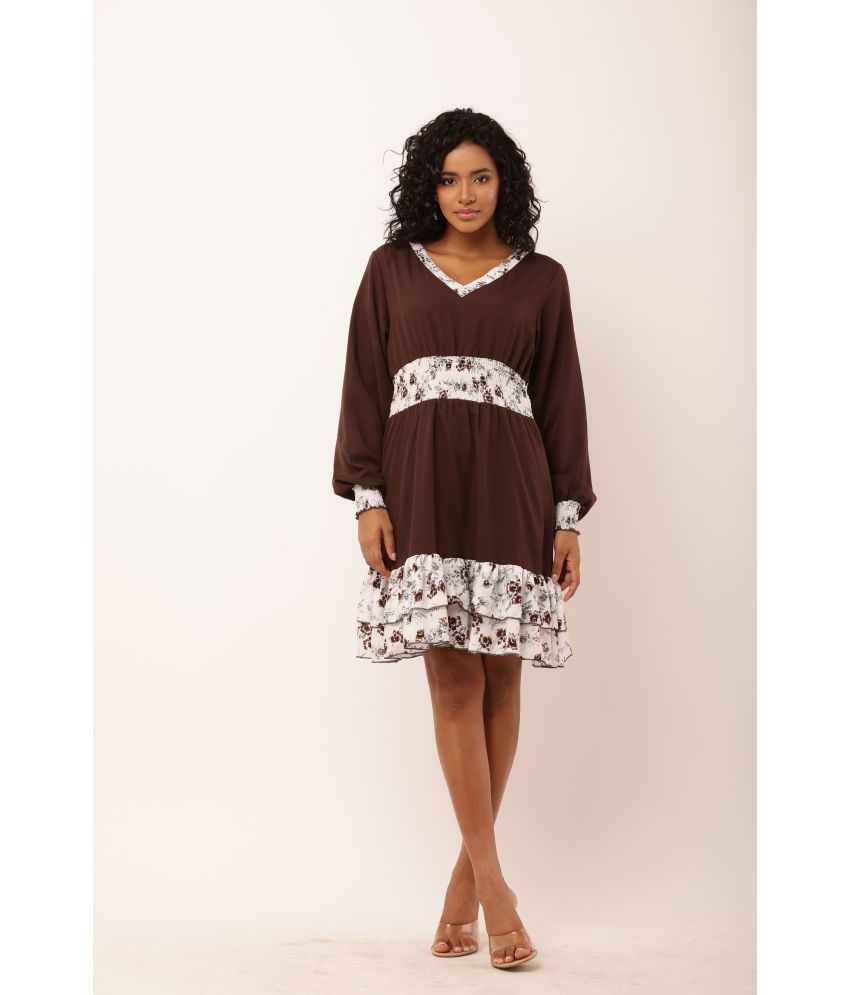     			angad tewatia Crepe Printed Above Knee Women's Fit & Flare Dress - Brown ( Pack of 1 )