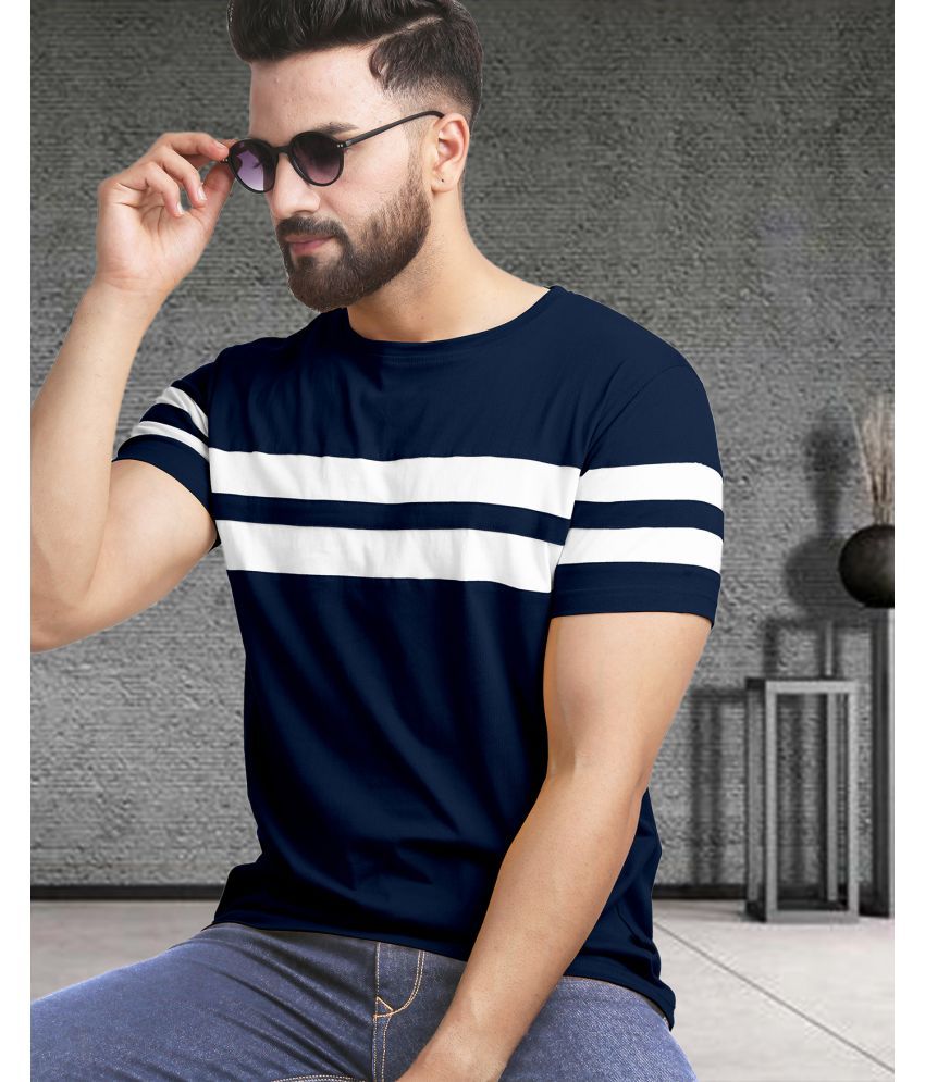     			AOOSH Cotton Blend Regular Fit Striped Half Sleeves Men's Round T-Shirt - Navy Blue ( Pack of 1 )