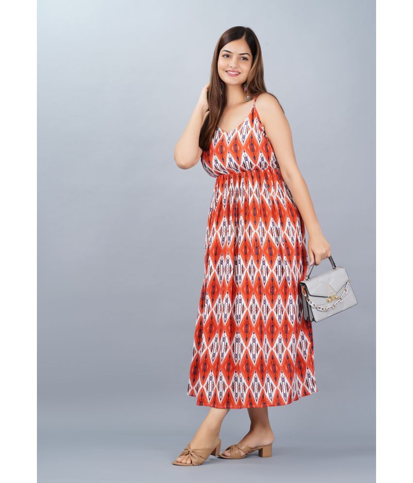     			Bhawanaprint Viscose Rayon Printed Ankle Length Women's Fit & Flare Dress - Orange ( Pack of 1 )