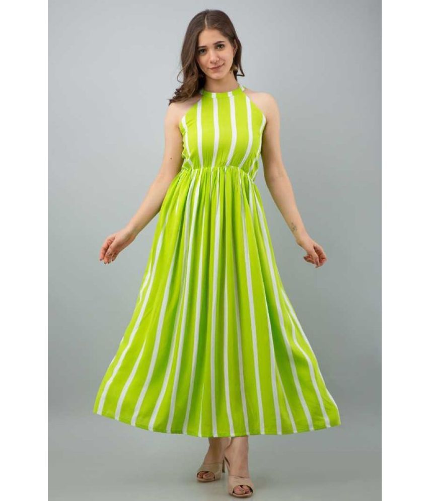     			Bhawanaprint Viscose Rayon Striped Full Length Women's Fit & Flare Dress - Green ( Pack of 1 )